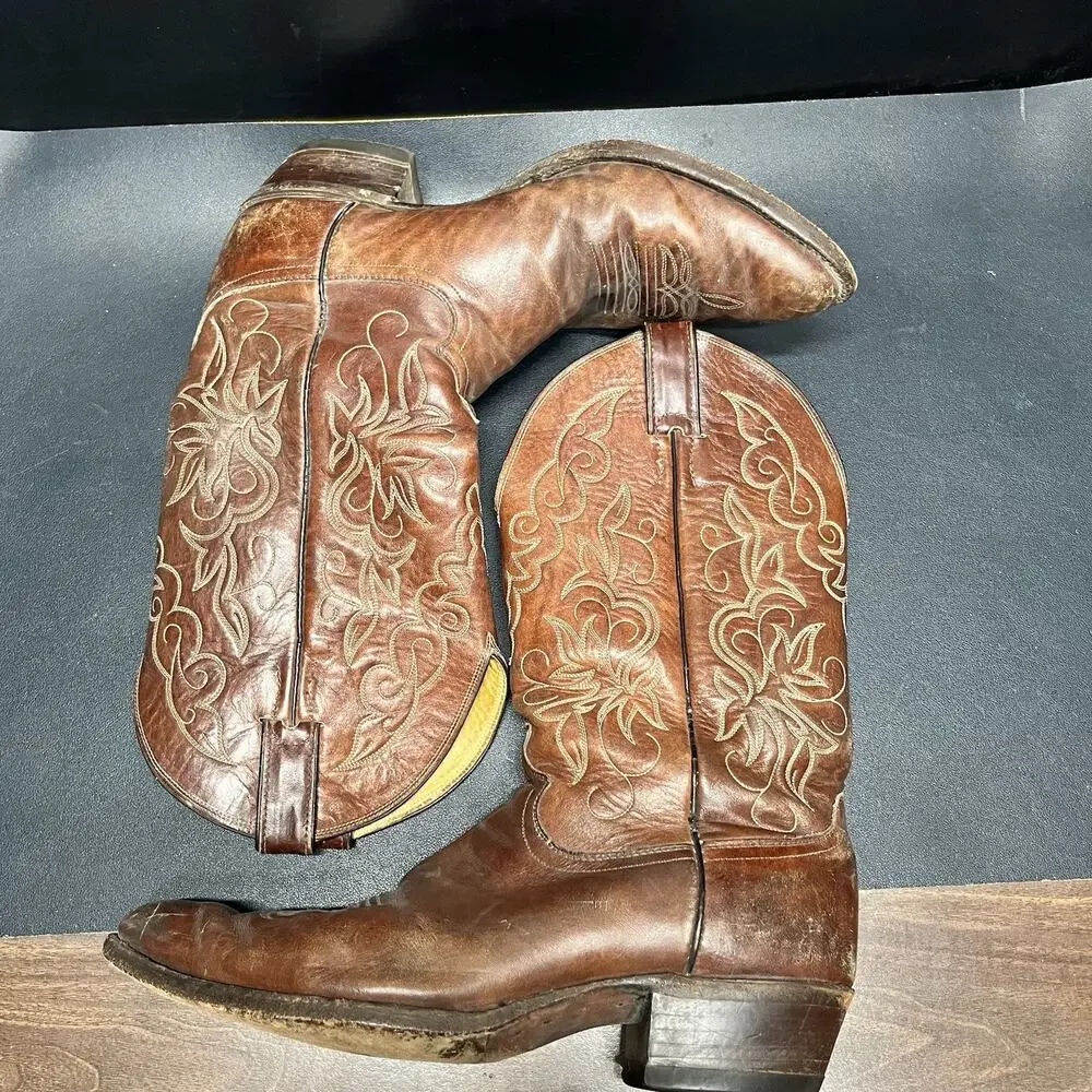 Vtg Justin Boots Cowboy Embroidered Boots Men’s Size 12 A, Style 2555 Brown